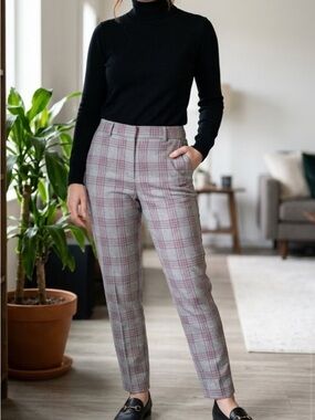 Tailored Plaid Ankle Pants - Gray & Pink